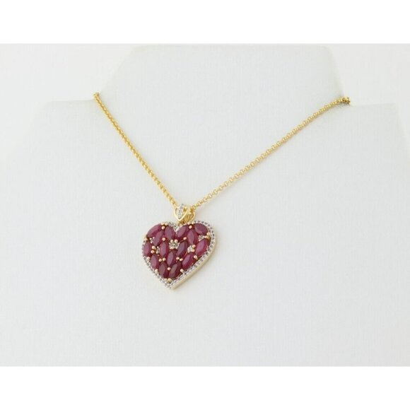 Gold Over Sterling Silver Simulated Ruby & White Topaz Heart Necklace 20" to 22" - Picture 5 of 7